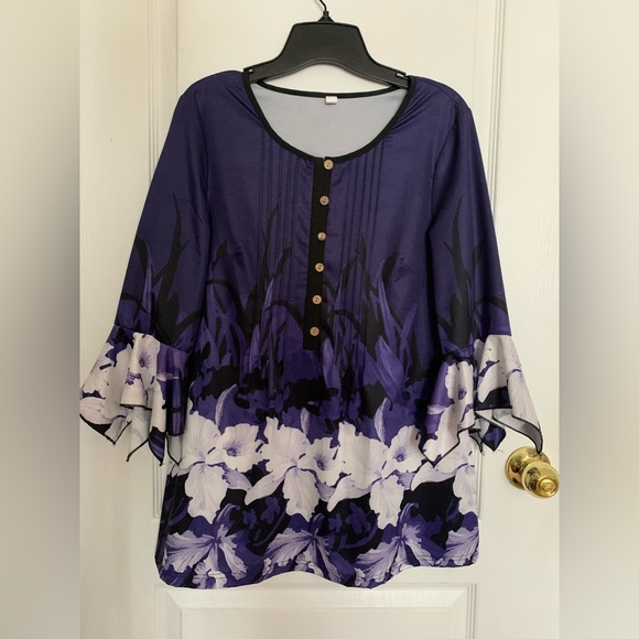 Dark purple tunic with floral motif (Size:S) - Picture 1 of 5